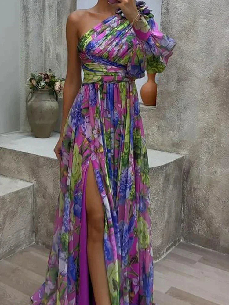 Lilac - Violet côté imprimé Fente une manche Sexy Maxi Robe