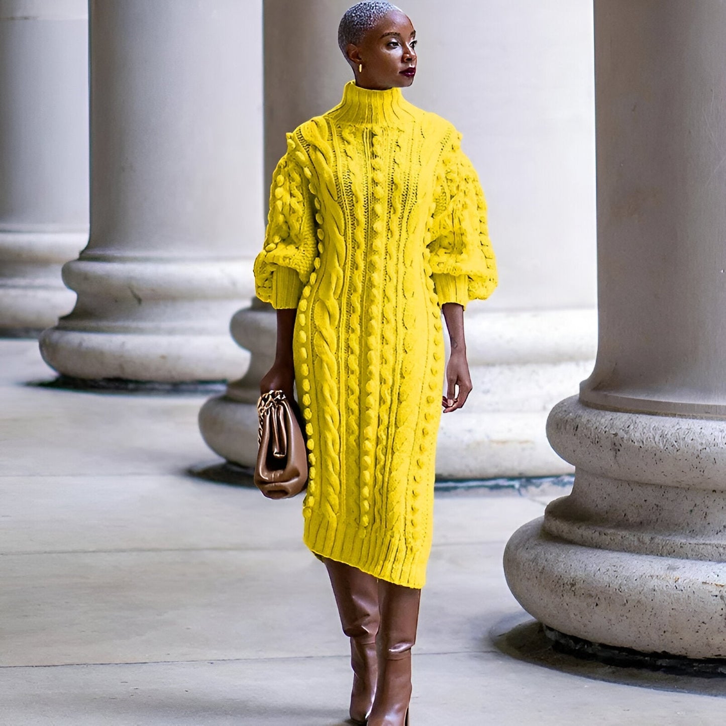 Elsbeth | Elégante robe midi en maille côtelée à turtle-neck