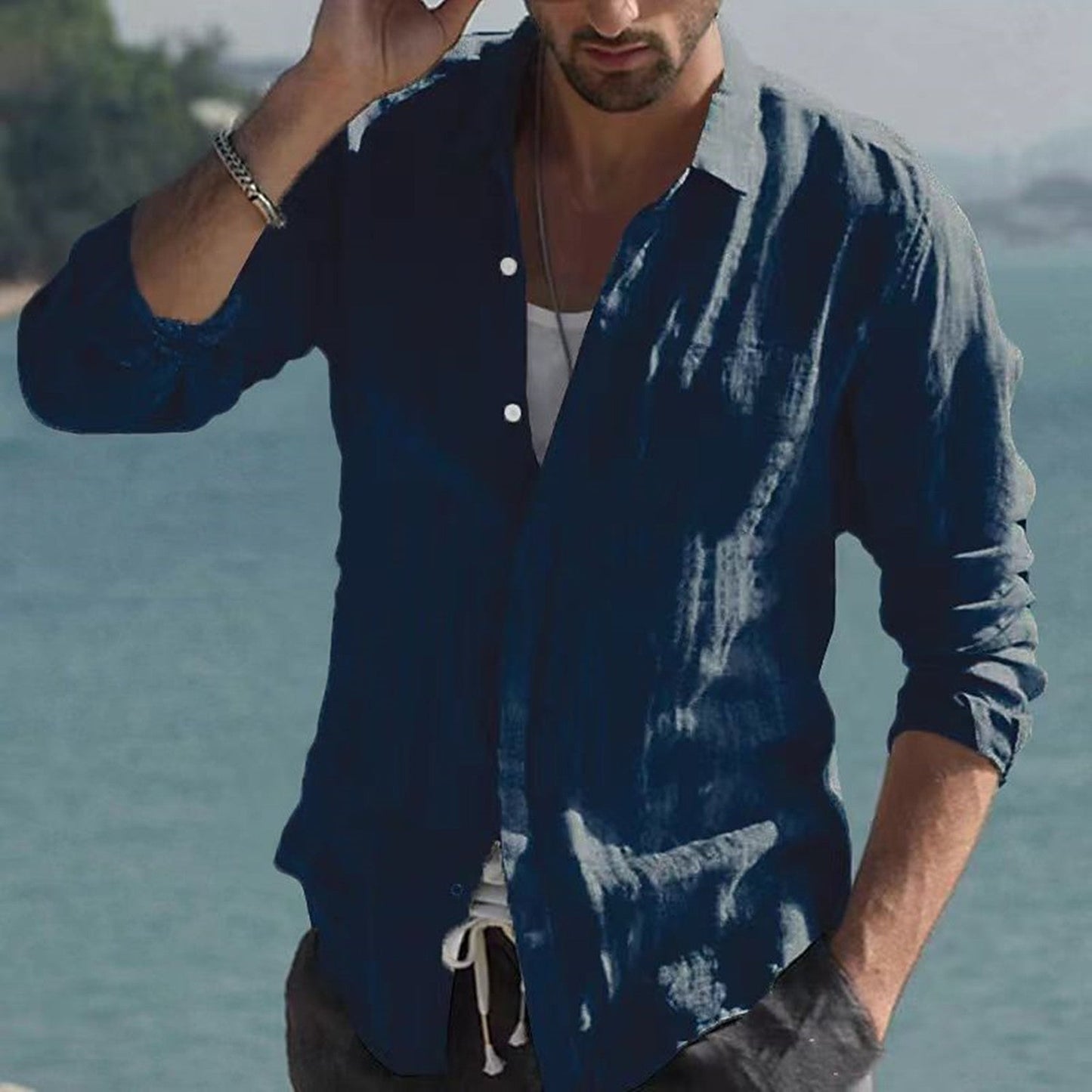 Chemise vintage en lin uni avec col rabattu – Jam