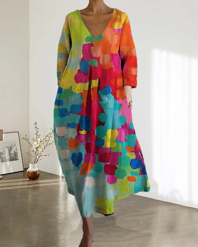 Robe à col en V imprimé coloré