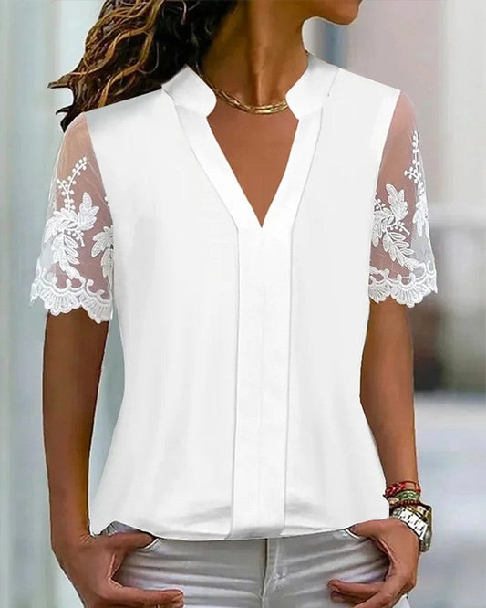Haut en dentelle patchwork simple et uni avec manches courtes