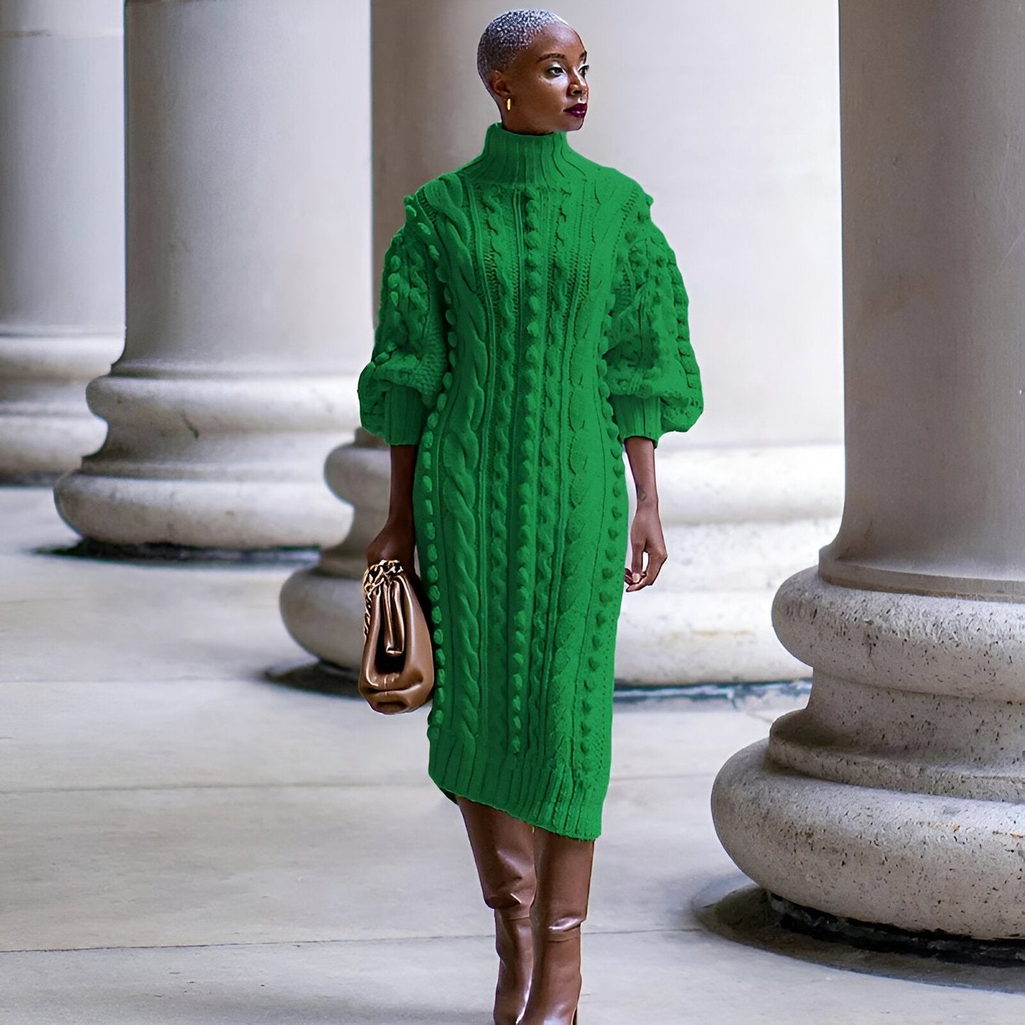 Elsbeth | Elégante robe midi en maille côtelée à turtle-neck