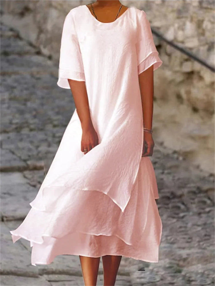 Avianna - Robe à double couche fendue à manches courtes et col rond