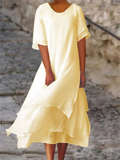 Avianna - Robe à double couche fendue à manches courtes et col rond