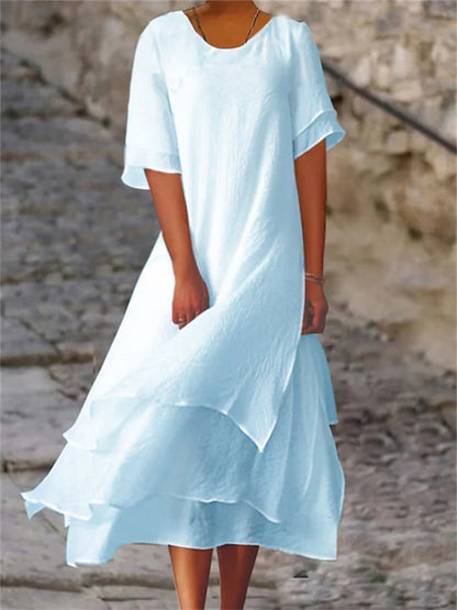 Avianna - Robe à double couche fendue à manches courtes et col rond