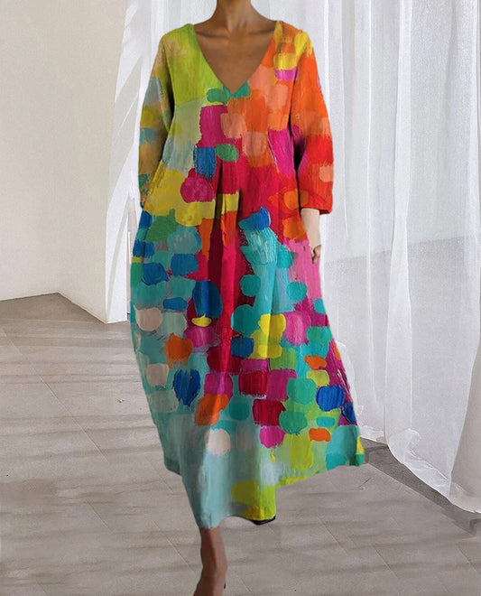 Robe à col en V imprimé coloré