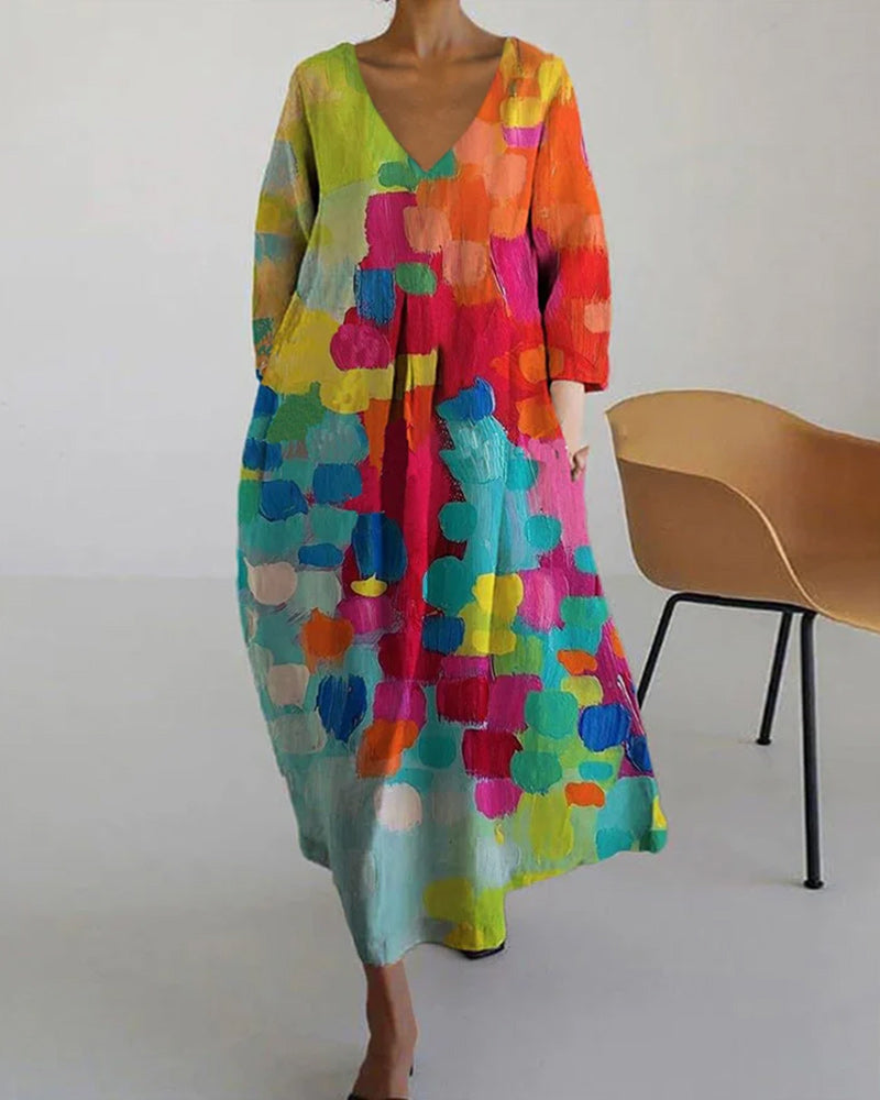 Robe à col en V imprimé coloré