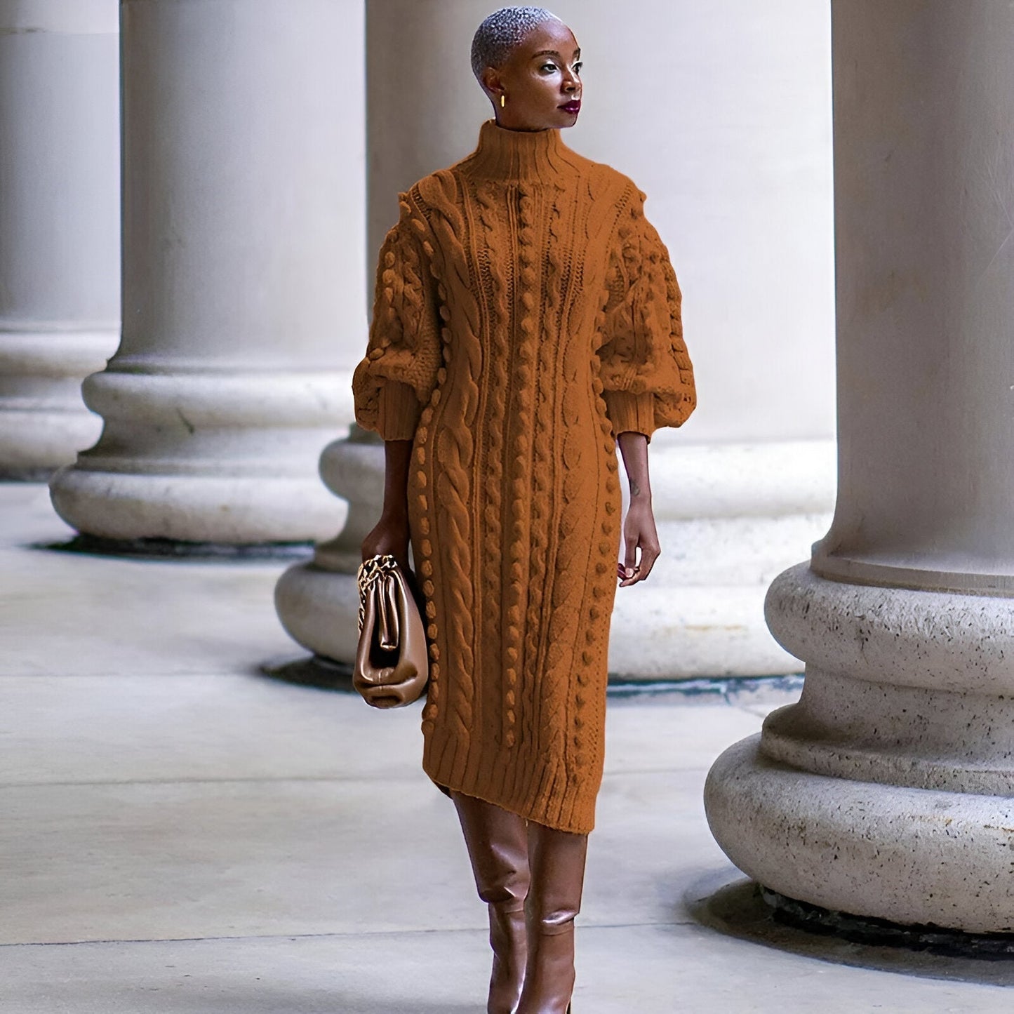 Elsbeth | Elégante robe midi en maille côtelée à turtle-neck