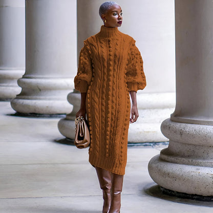 Elsbeth | Elégante robe midi en maille côtelée à turtle-neck