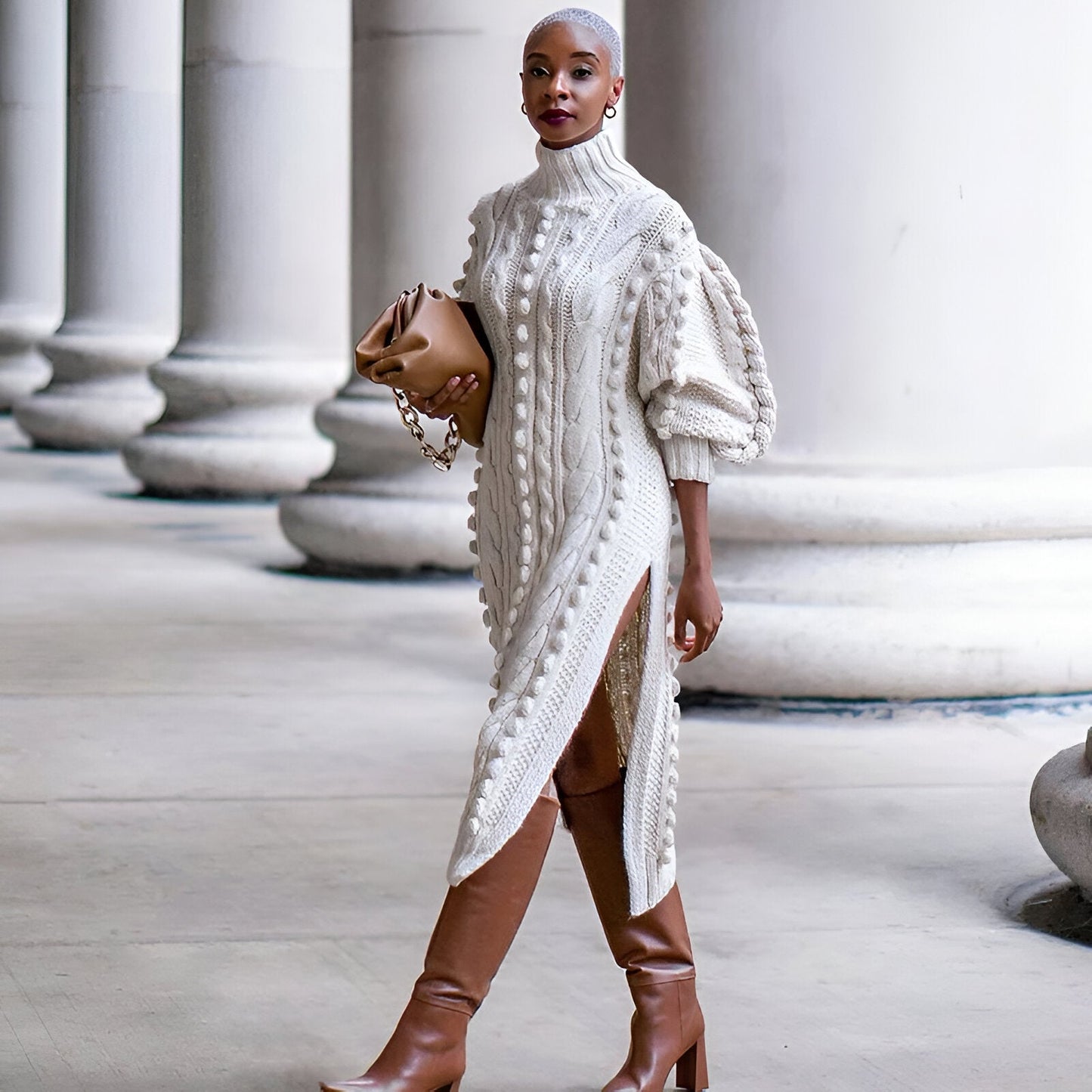 Elsbeth | Elégante robe midi en maille côtelée à turtle-neck